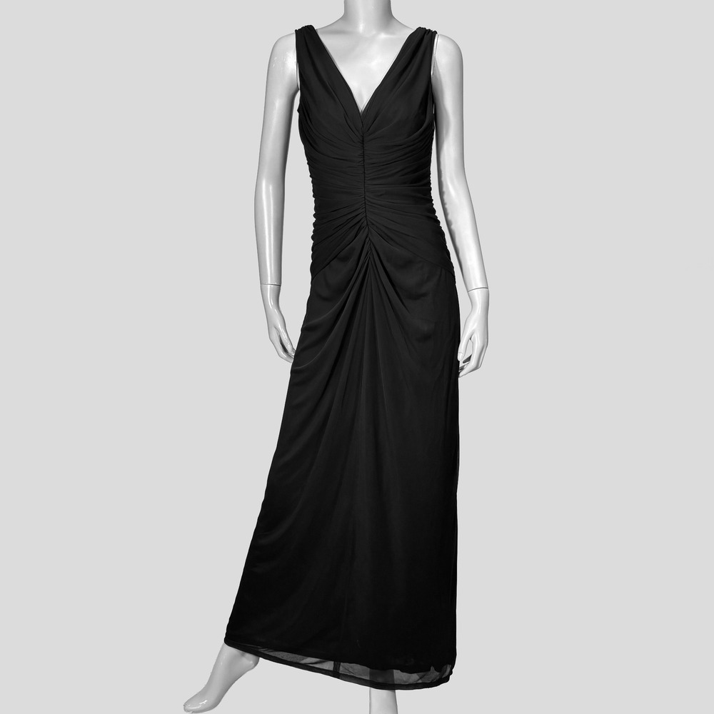 VTG Y2K Tadashi Shoji Womens S Black Ruched Sleeveless Draped Evening Gown Gala